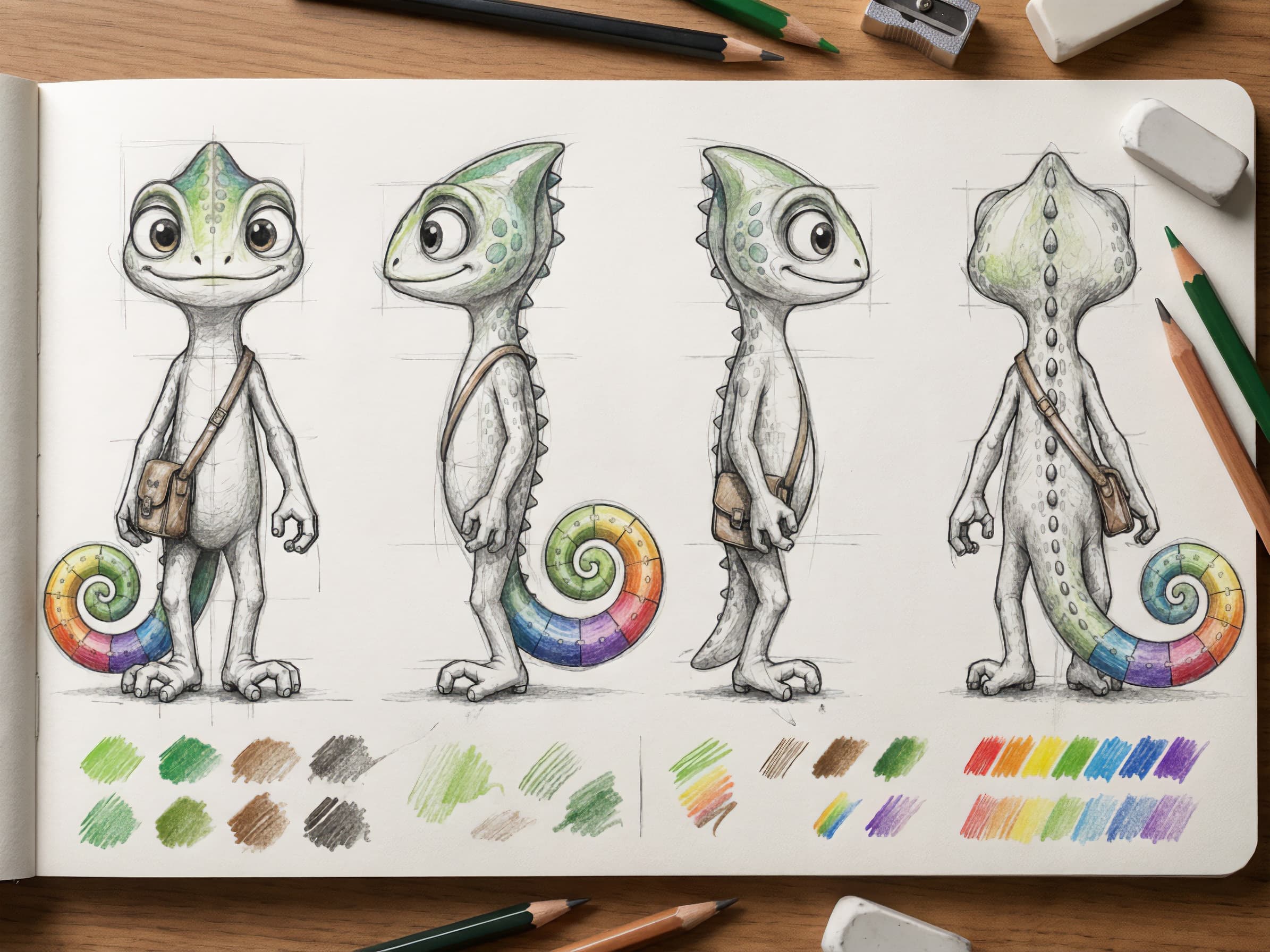Sketchbook showing front, side and back studies of Pli the chameleon, with colour tests for the Pliro character
