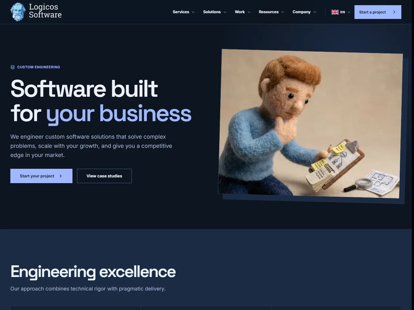Screenshot of the Logicos Software custom engineering page with the headline Software built for your business