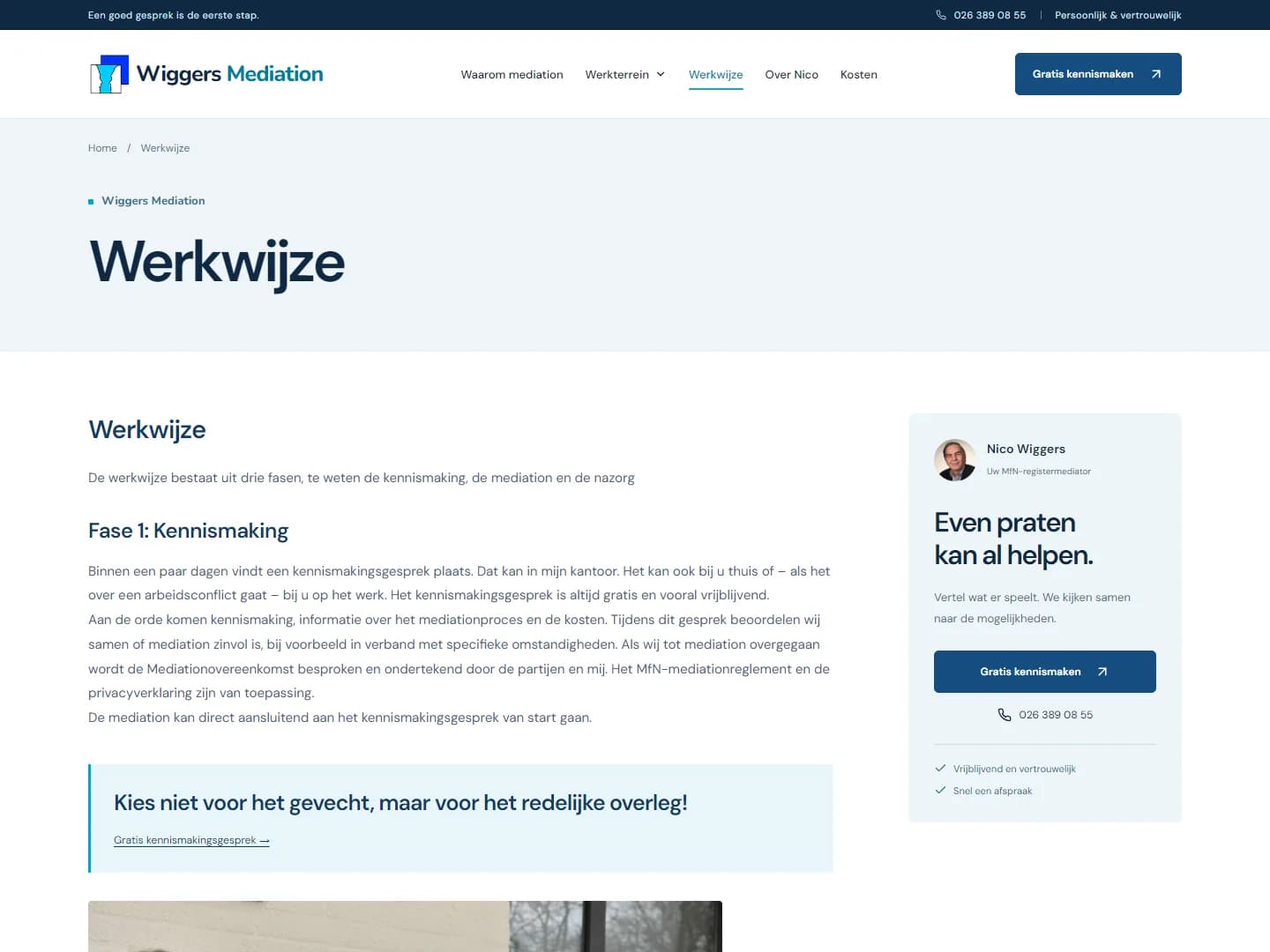 Screenshot of the Wiggers Mediation process page explaining the introduction and mediation phases