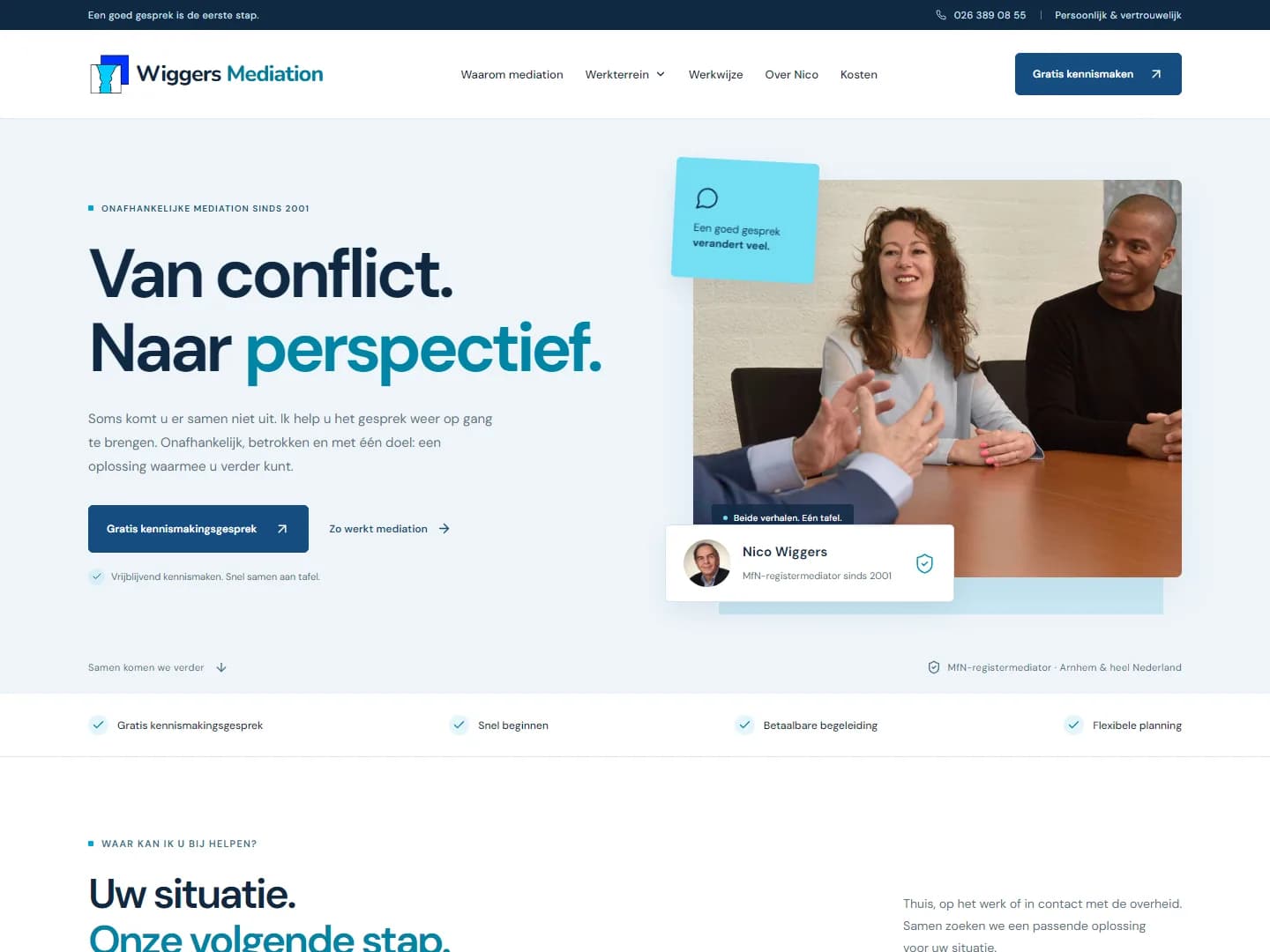 Screenshot of the wiggersmediation.nl homepage, with the headline From conflict. To perspective. and a photo of a conversation