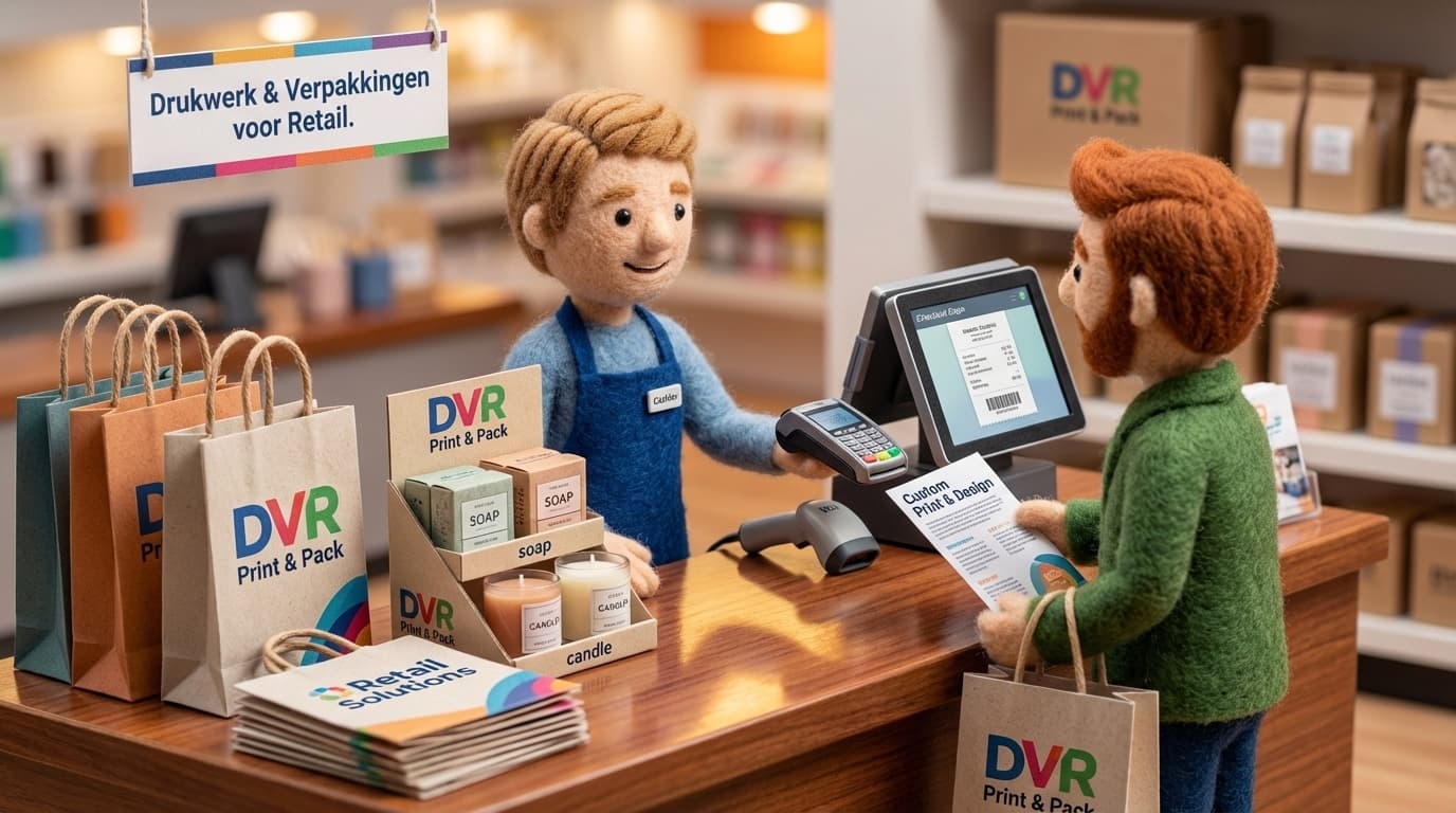 Retail print and display materials in a colourful shop