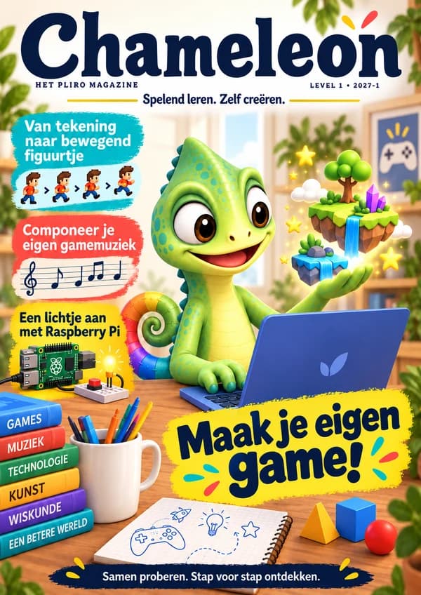 Chameleon magazine cover featuring Pli the chameleon and the Dutch title Make your own game