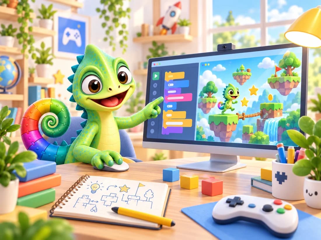 Pli, the colourful Pliro chameleon, in a creative world of games, drawings and coding blocks