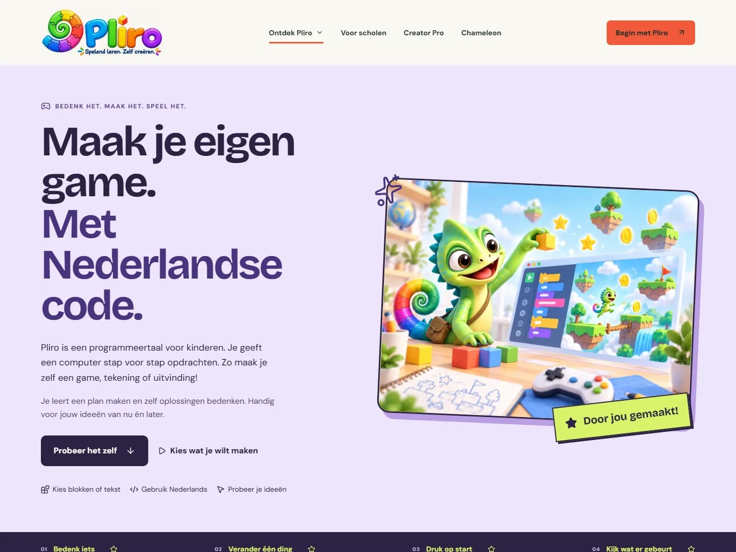 Screenshot of Pliro’s children page with Pli the chameleon and a colorful game-making scene